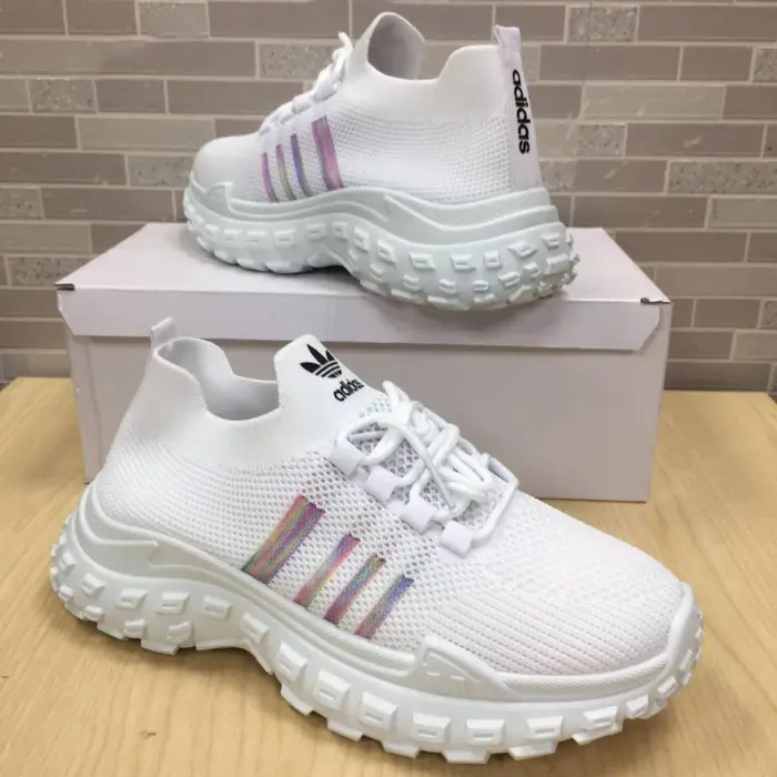Adidas Knit Platform Sneakers With Chunky Treaded Sole & Iridescent Side Stripes