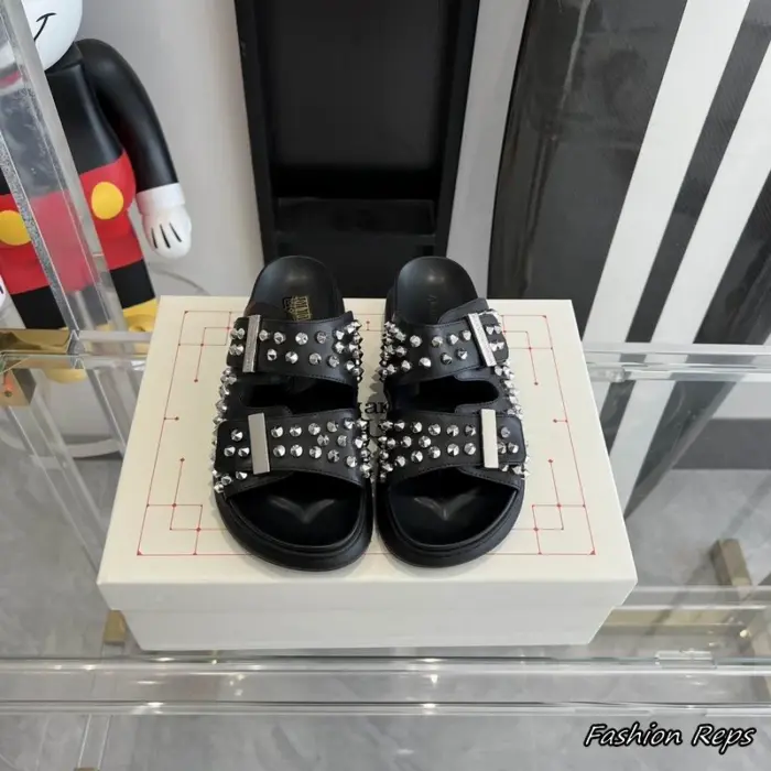 Alexander McQueen Studded Double Strap Platform Sliders With Silver Tone Metal Hardware