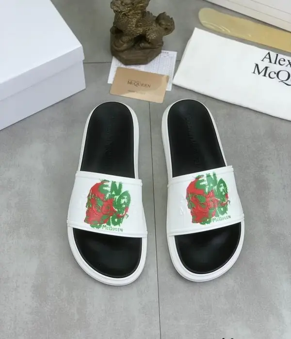 Alexander McQueen Sliders With Red & Green Graphic Skull Print Across The Upper Strap