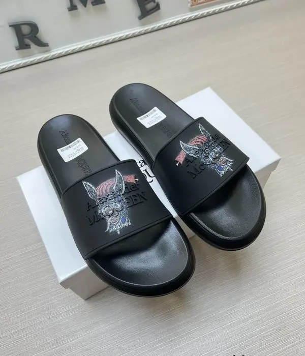 Alexander McQueen Women's Pool Sliders With Striking Jeweled Skull Detail On The Strap