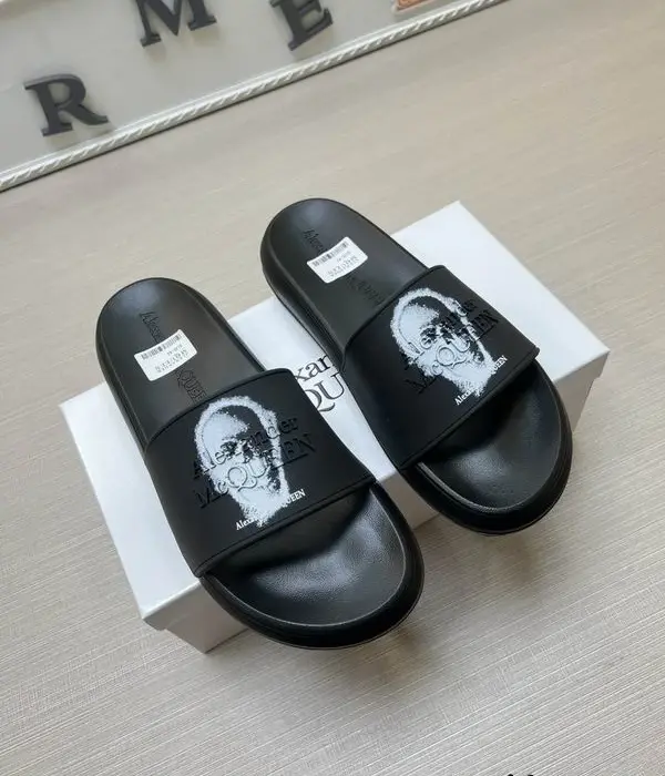 Alexander McQueen Pool Sliders With Bold Portrait Graphic & Embossed Logo Lettering