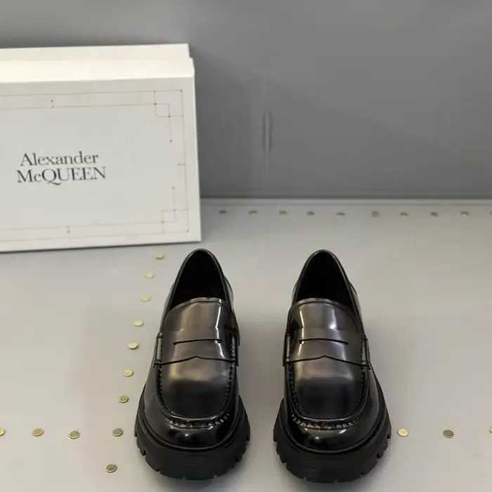 Alexander McQueen High Shine Black Penny Loafers