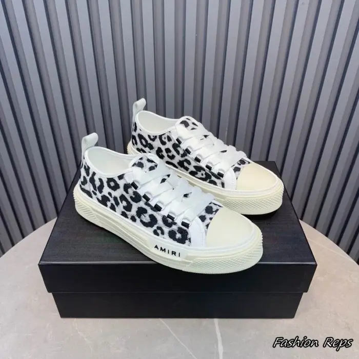 Amiri Court White Low Top Leopard Canvas Sneakers