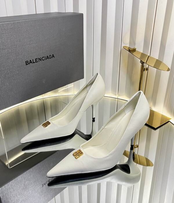 Balenciaga Pointed Toe White Leather Pump Heels