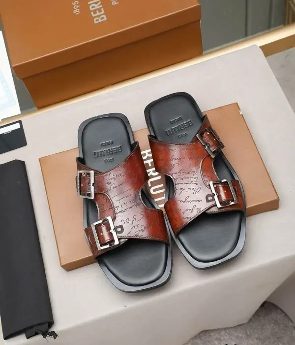 Berluti Shadow Sandals With Dual Metallic Pin Buckle Straps