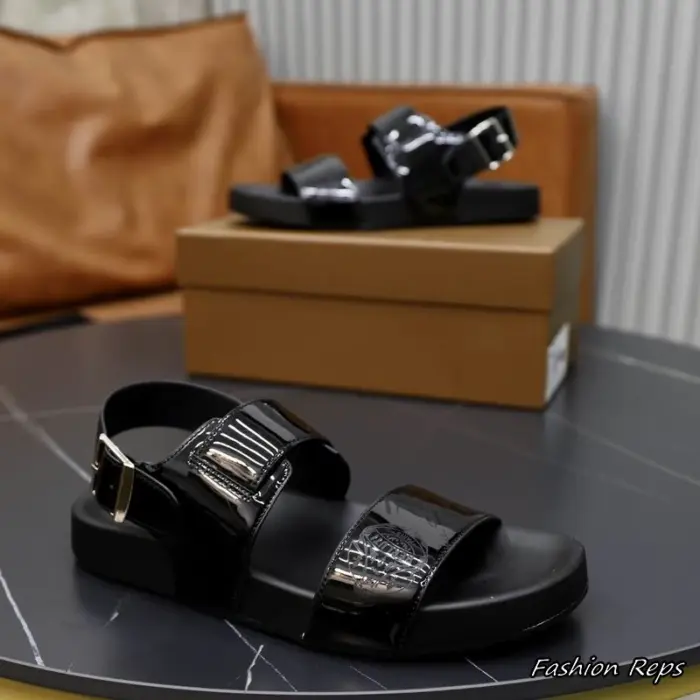 Berluti Black Patent Sandals With Dual Debossed Strap Detailing