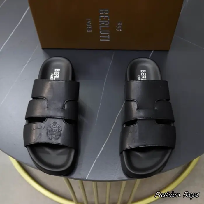 Berluti Wide Multi Strap Design Sandals With Subtle Embossed Crest Logo In 2 Colors