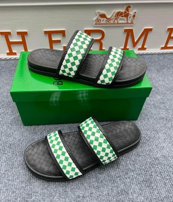 Bottega Veneta Men's Double Strap Sliders With Green & White Checkered Pattern