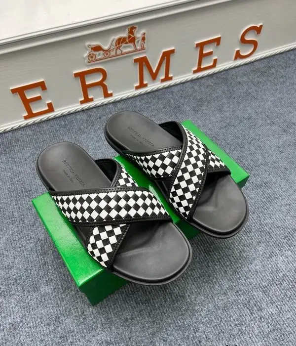 Bottega Veneta Criss Cross Sandals With Black & White Checkered Woven Pattern