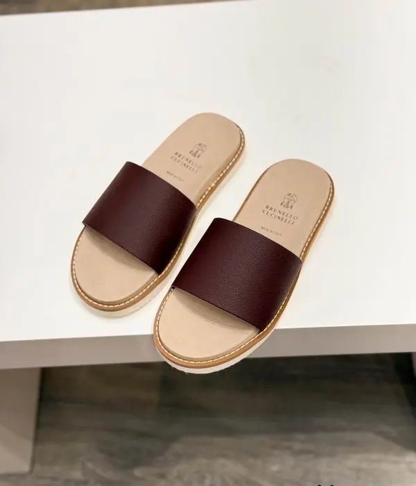 Brunello Cucinelli Dark Brown Flat Sliders With Wide Strap & Contrast Welt Stitching