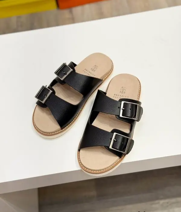 Brunello Cucinelli Double Strap Sandals With Prominent Metal Pin Buckles