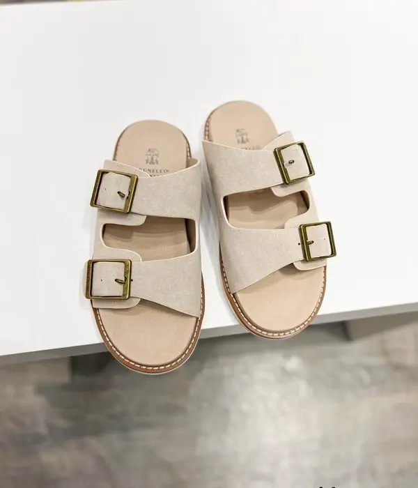 Brunello Cucinelli Suede Double Buckle Sandals With Oversized Metallic Hardware