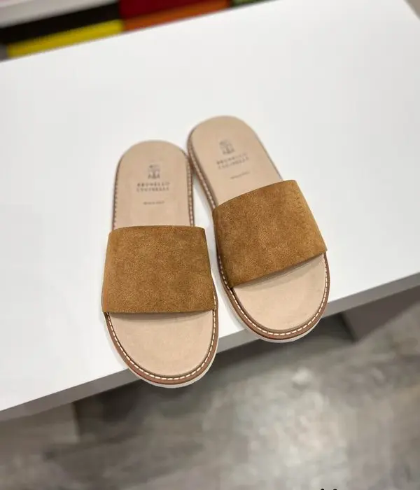 Brunello Cucinelli Suede Sliders With Contrast Welt Stitching