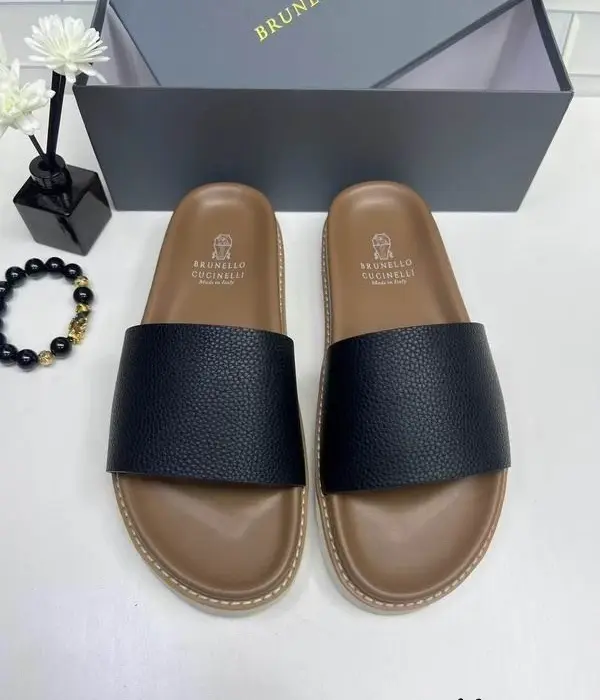 Brunello Cucinelli Leather Slip On Sliders In 2 Colors