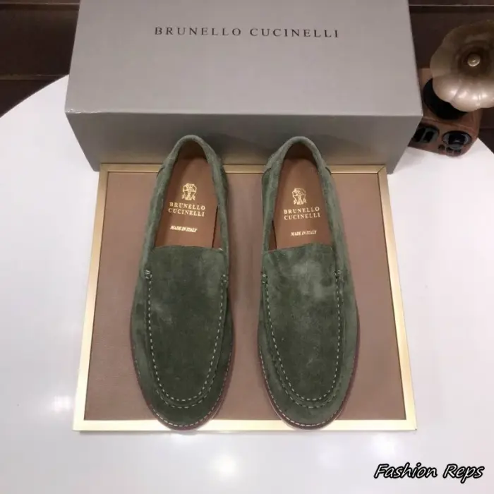 Brunello Cucinelli Suede Loafers With Classic Moc Toe Stitching & Gold Embossed Brand Insoles In Multiple Colors