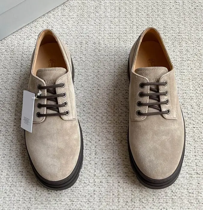 Brunello Cucinelli Men's Suede Derby Shoes With Dark Brown Laces