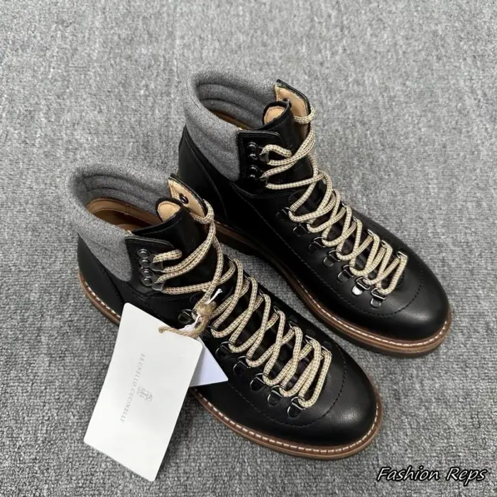 Brunello Cucinelli Men's Hiking Boots With Metallic D Ring Lacing