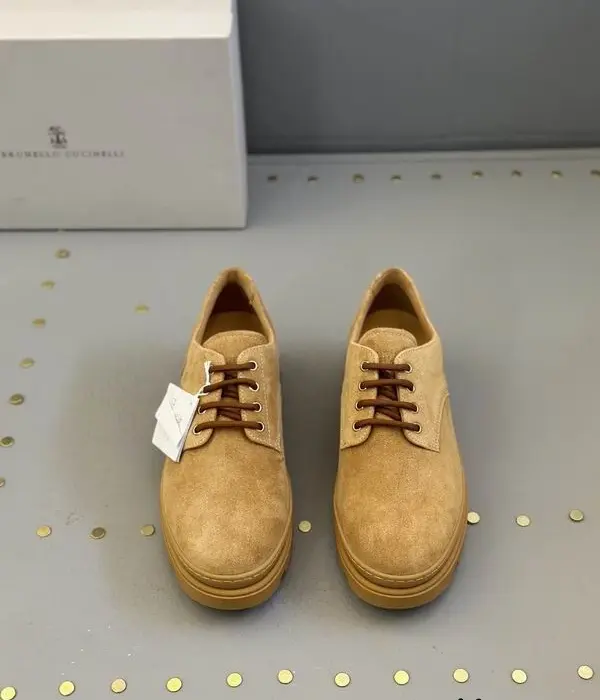 Brunello Cucinelli Suede Dress Shoes With Contrasting Brown Laces & Stacked Rubber Sole