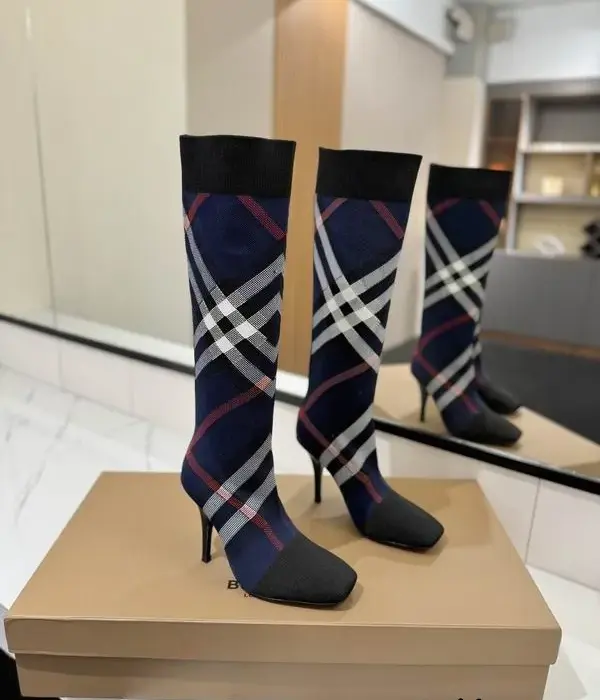 Burberry Check Stretch Knit Sock Boots With High Stiletto Heels