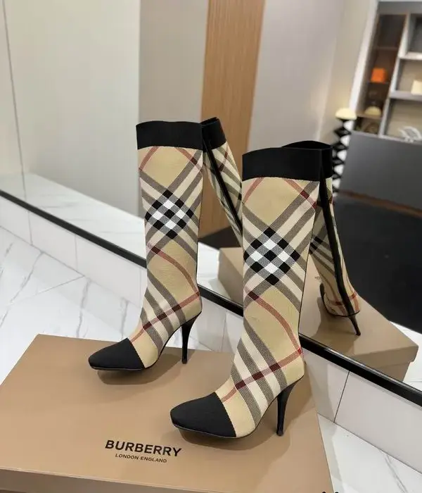 Burberry Check Heeled Boots With Black Toe Cap