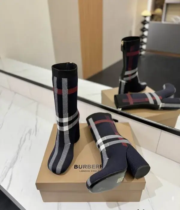 Burberry Knit Block Heel Ankle Boots With Check Pattern
