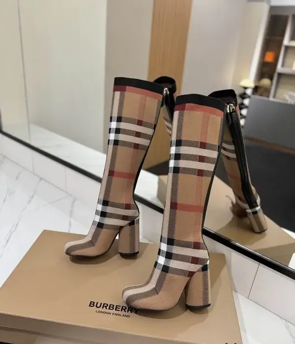 Burberry Check Knee Sock Boots With Block Heel