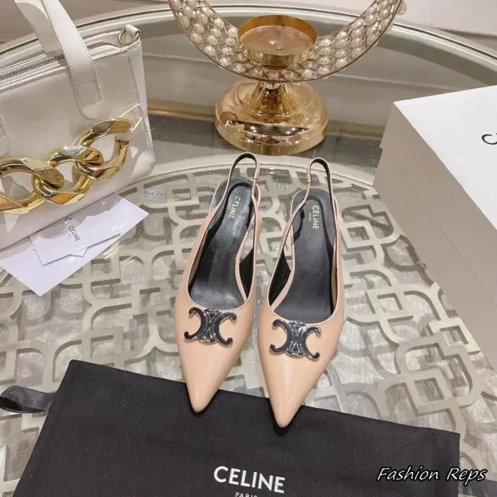Celine Pointed Toe Slingback Heels With Silver Tone Metallic Accent On The Front In Different Colors