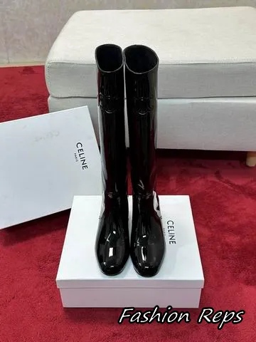 Celine Women's Triomphe Patent Knee High Block Heel Boots In 2 Colors