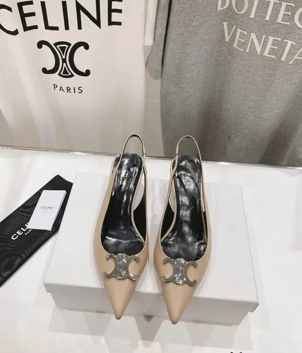 Celine Silver Tone Metal Triomphe Logo Buckle Heels