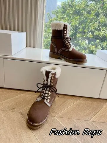 Celine Lace Up Boots With White Shearling Trim Along The Collar In 2 Colors