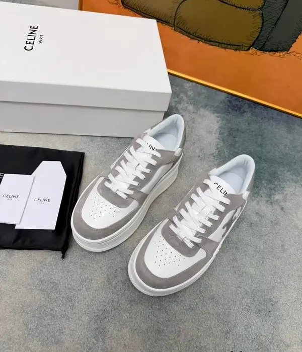 Celine Mid Block Wedge Sneakers In White & Grey