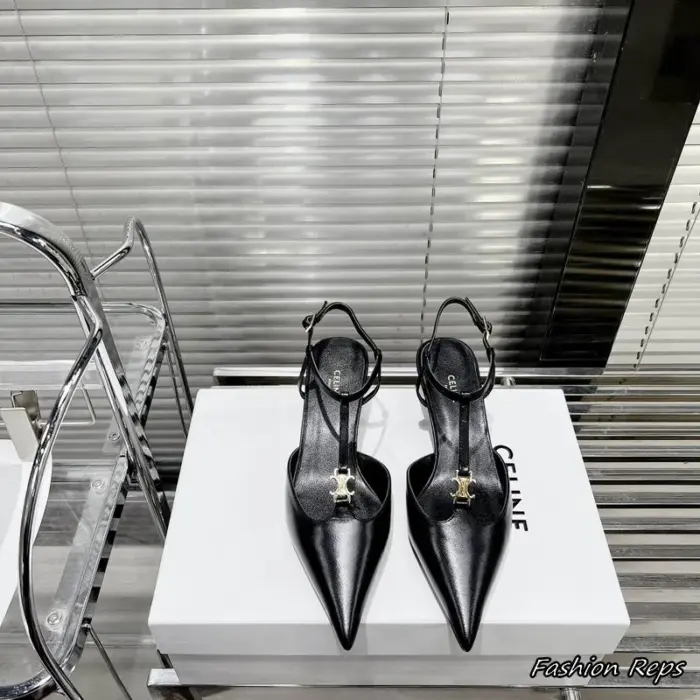 Celine kitten T Bar Strap Heels With Polished Gold Tone Accent In 2 Colors