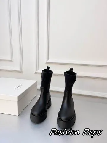 Celine Women's Ankle Boots With Textured Knit Cuff & Chunky Lug Sole In 2 Colors