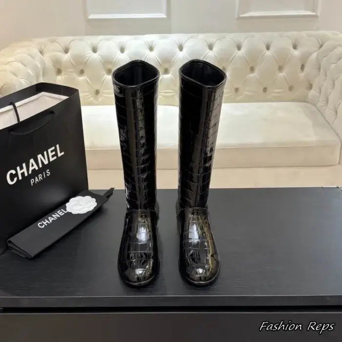 Chanel Knee High Flat Boots With Glossy Crocodile Embossed Finish