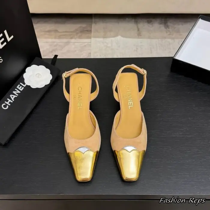 Chanel Slingback Heels With Metallic Gold Cap Toes