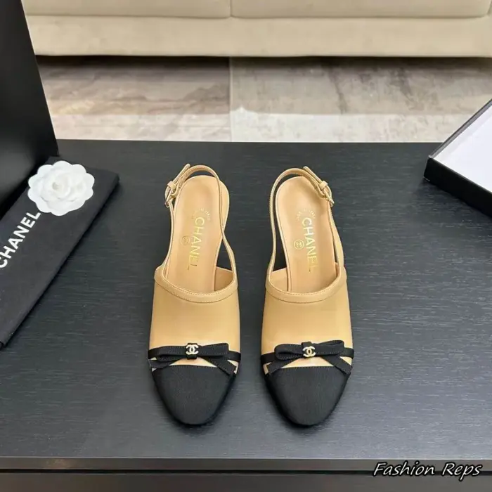 Chanel Slingback Heels With Small Bow & Signature CC Logo