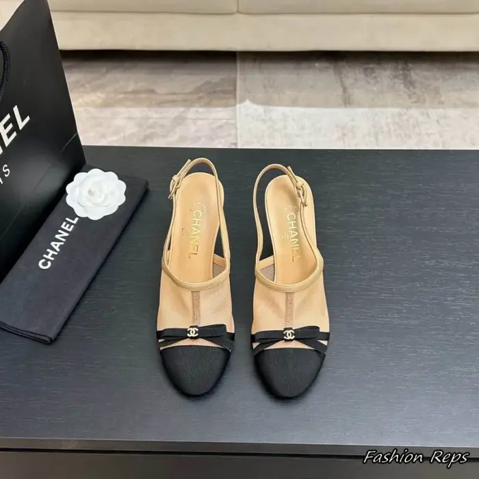Chanel Slingback Style Heels With Black Cap Toe & Small Bow Accent