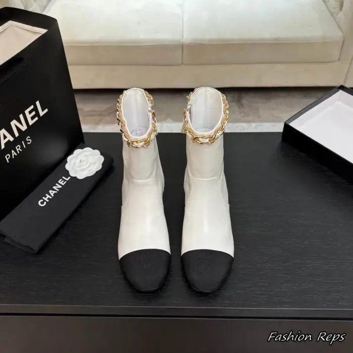 Chanel Women's Ankle Boots With Metallic Chain Trim Along The Collar In Different Colors