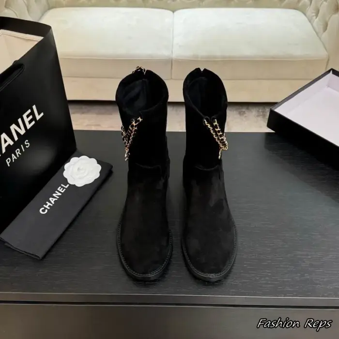 Chanel Women's Suede Mid Calf Boots With Gold Tone Chain Interwoven In 2 Colors