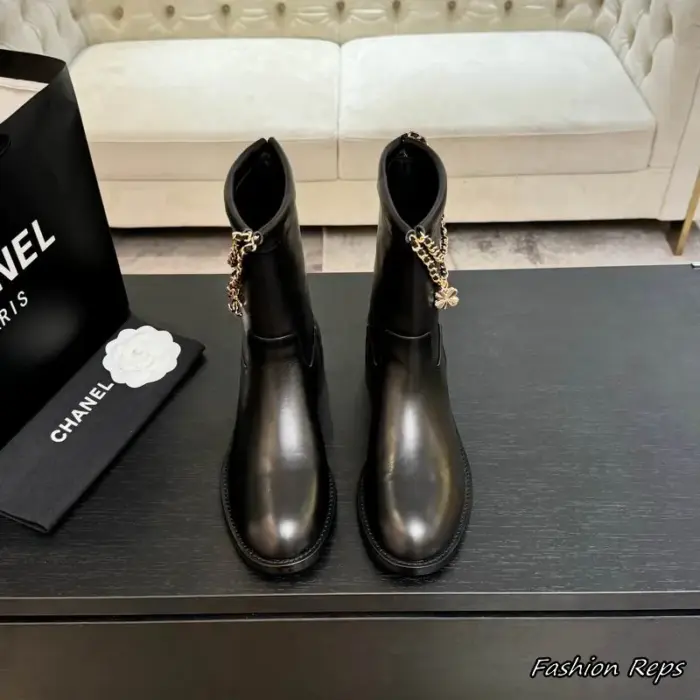 Chanel Mid Calf Boots With Delicate Gold Toned Chain Hardware