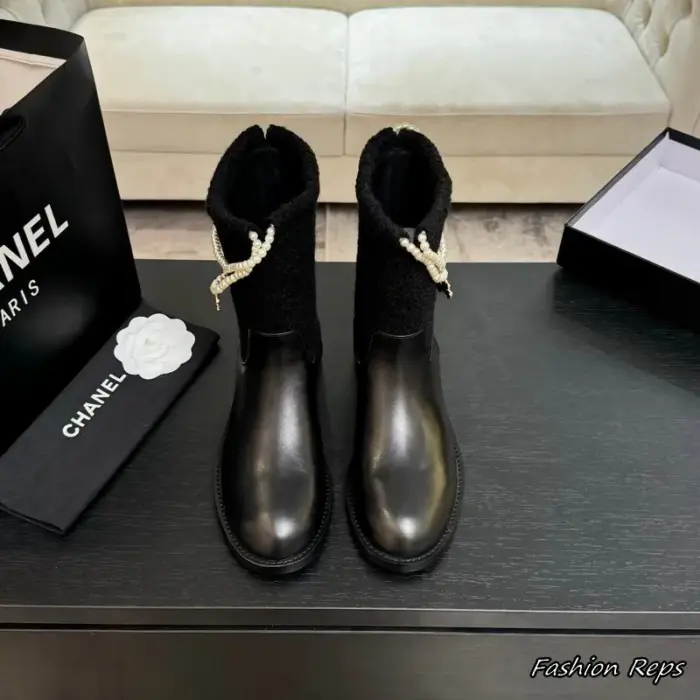 Chanel Shearling Ankle Boots With Faux Pearl Chain Necklace & Interlocking CC Charm