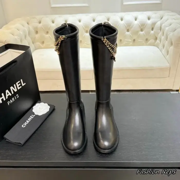 Chanel Women's Tall Boots With Signature Gold Tone Chain & CC Logo Charm