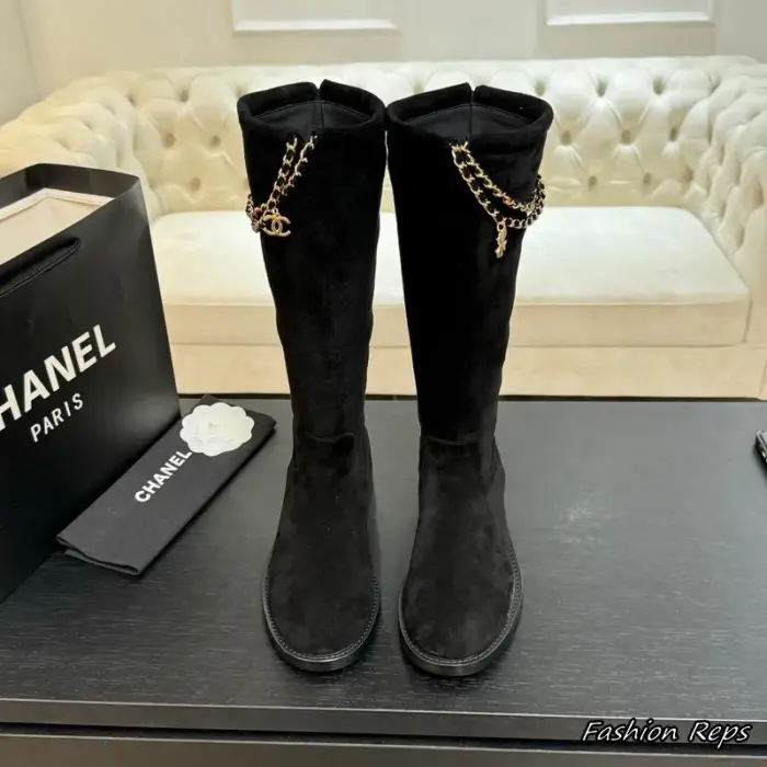 Chanel Knee High Boots With Interwoven Gold Chain & CC Logo Charm In 2 Colors