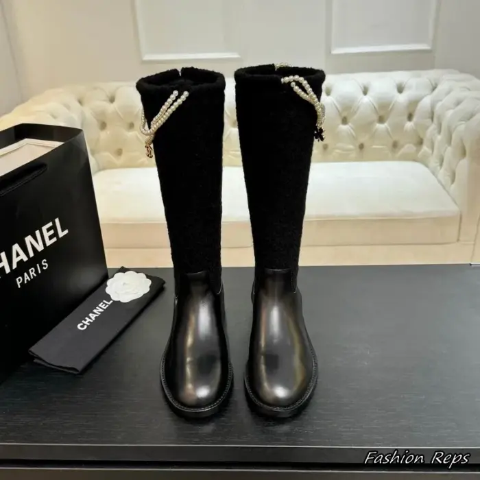 Chanel Black Knee High Boots With Delicate Strings Of Faux Pearls