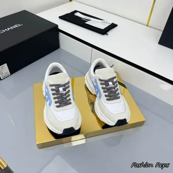 Chanel Women's Sneakers With Prominent Light Blue CC Logo On The Side