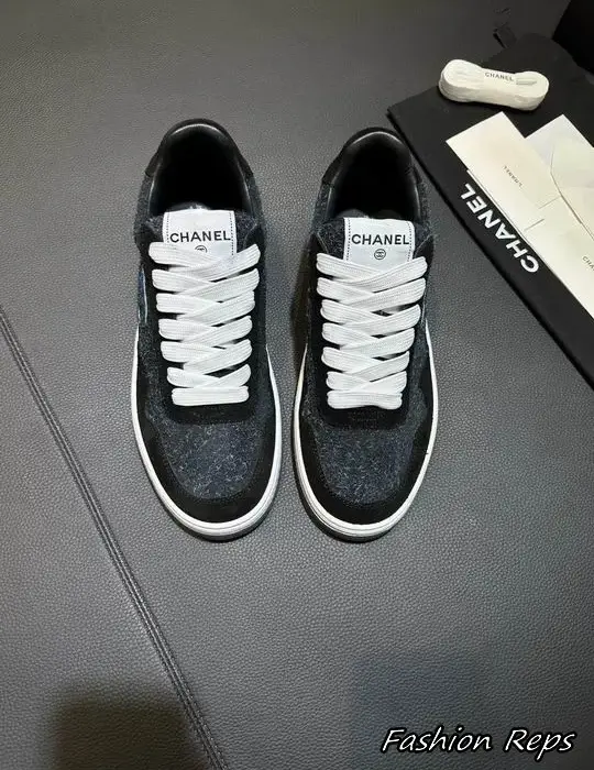 Chanel Low Top Sneakers With Textured Tweed Panels & Thick White Laces