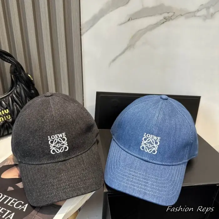 Loewe Anagram Logo White Embroidered Washed Denim Baseball Cap in 2 Colors