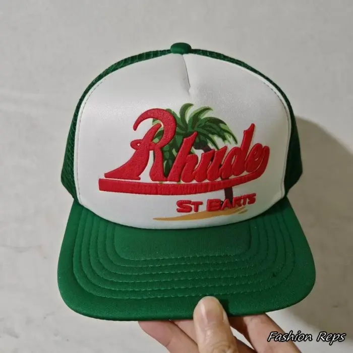 Rhude St Barts Script Logo Palm Tree Trucker Cap