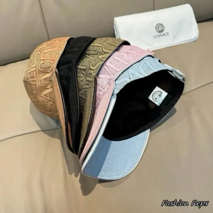 Versace Luxury Typography Patterned Curved Brim Strap back Caps In Multiple Colors