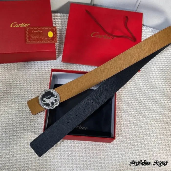 Cartier 40MM Brown Reversible Panther Round Buckle Belt